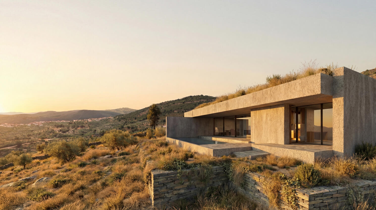Exterior view of the house at sunset, seen from southeast, with the Douro mountains on the background.