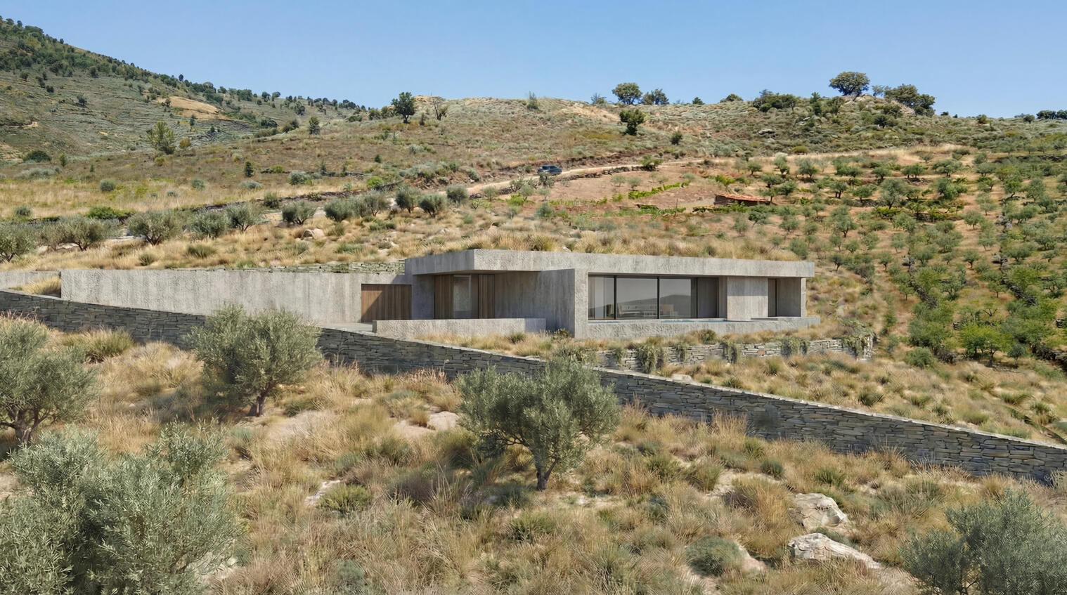 Exterior perspective from Southwest of the house insertion in the Douro mountains landscape.