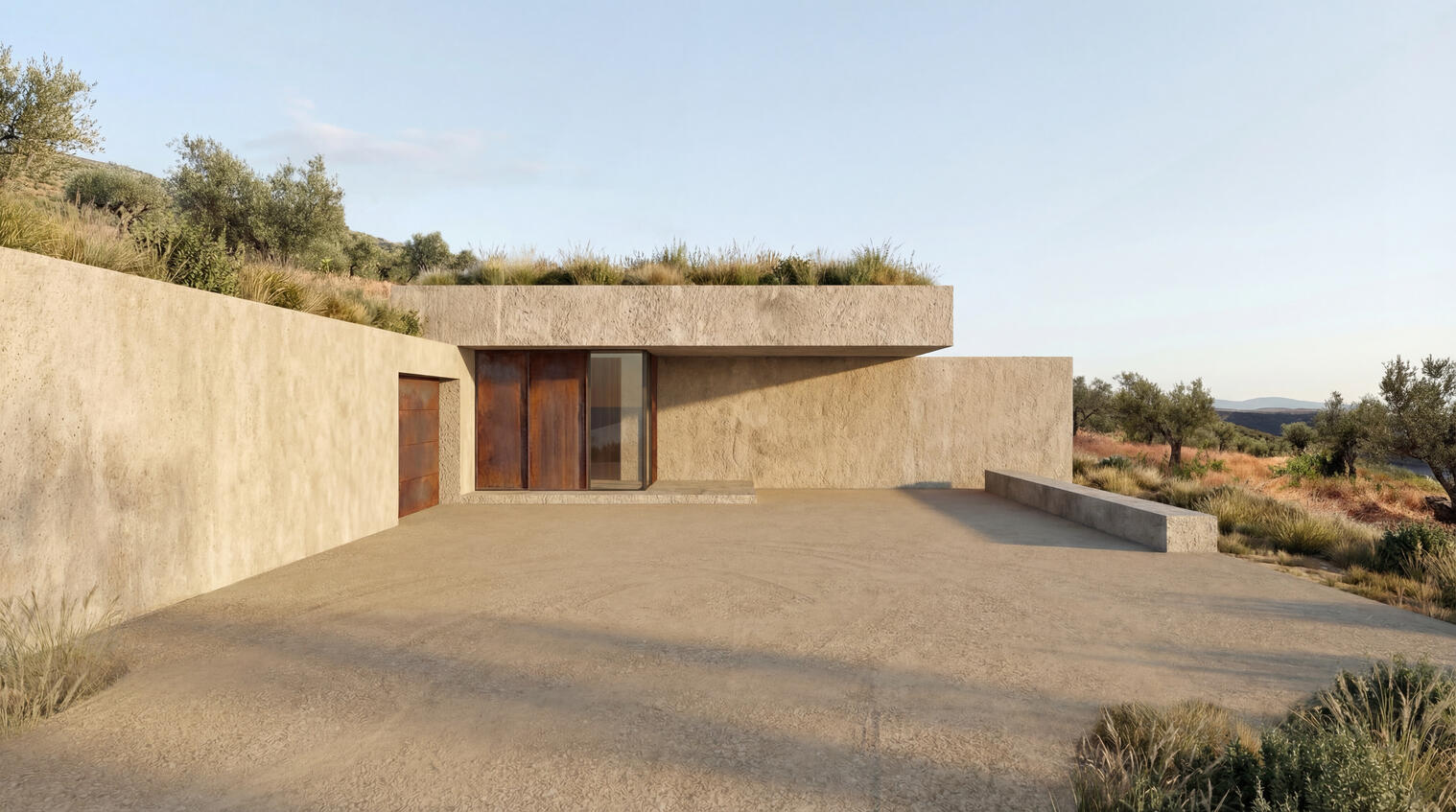 Exterior perspective over the entrance of the house.