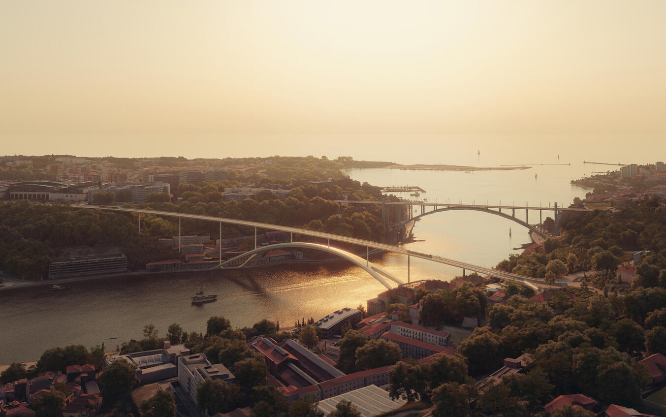Nova Ponte sobre o rio Douro — vista aérea, com a Ponte da Arrábida e a foz ao fundo.