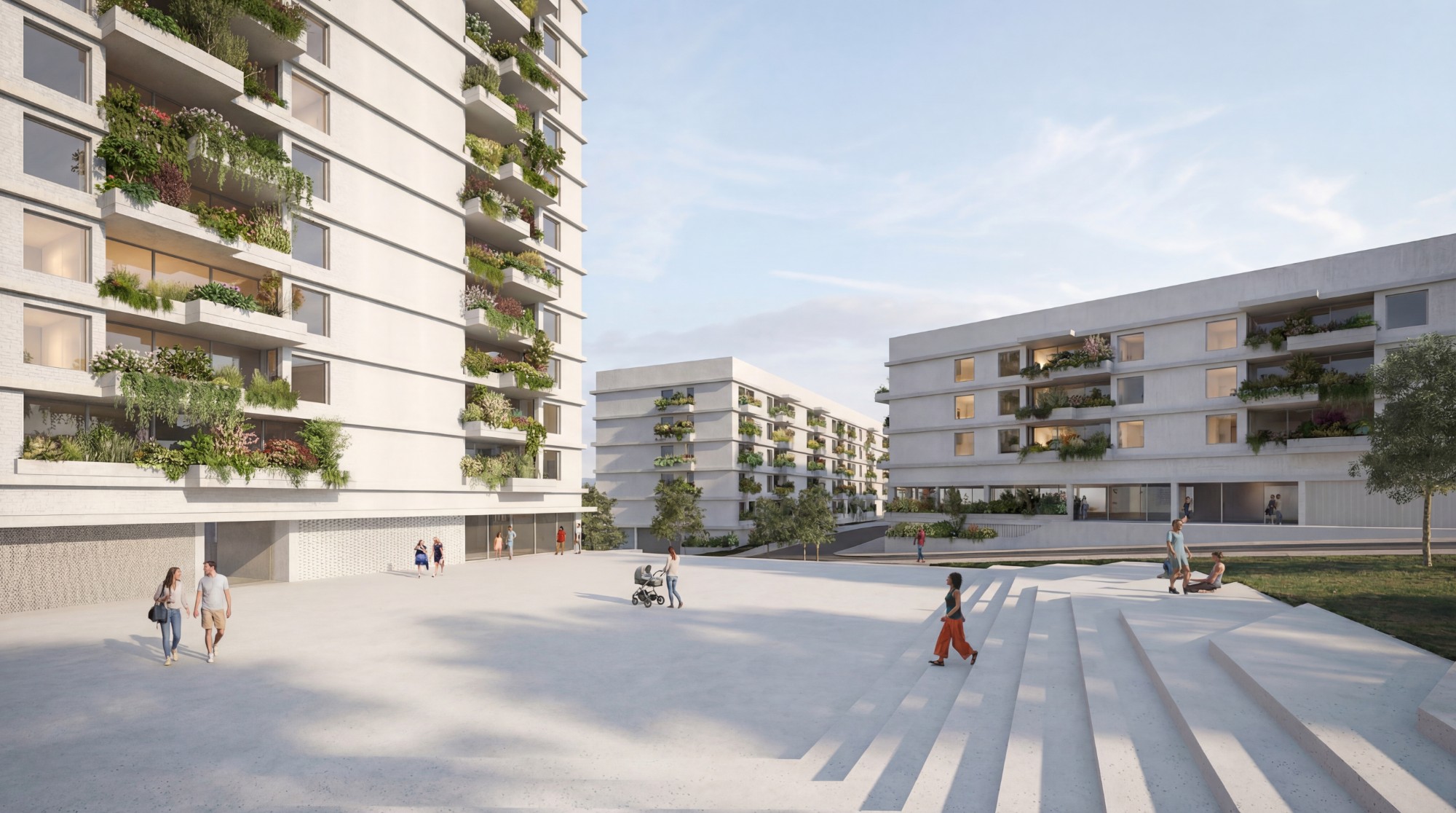 Habitação para arrendamento a custo acessível em Lordelo — a praça entre a torre e os blocos mais baixos.