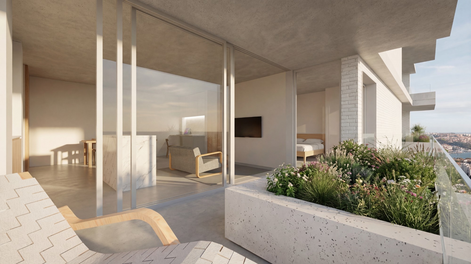Habitação para arrendamento a custo acessível em Lordelo — a varanda de um apartamento, com o canteiro corrido e a vista sobre o Douro e a Afurada.